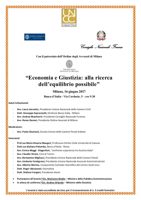“Economia e Giustizia, alla ricerca dell’equilibrio possibile”, Milano 16 giugno 2017