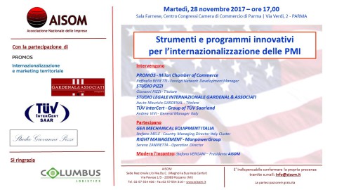 “Strumenti e programmi innovativi per l’internazionalizzazione delle PMI”, Parma 28 novembre 2017